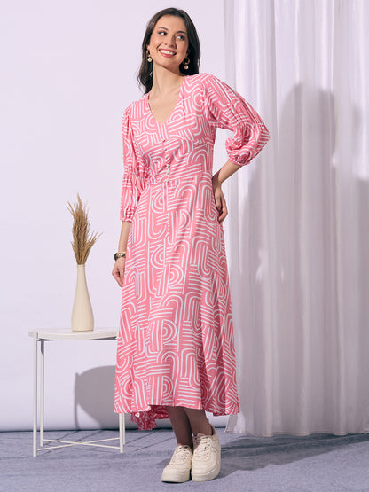 Abstract Printed A-Line Fit & Flared Maxi Dress - Pink