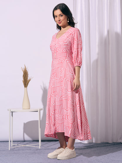 Abstract Printed A-Line Fit & Flared Maxi Dress - Pink