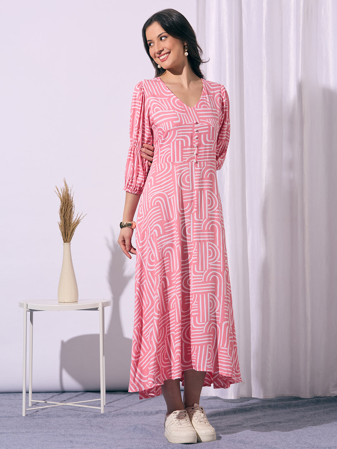 Abstract Printed A-Line Fit & Flared Maxi Dress - Pink