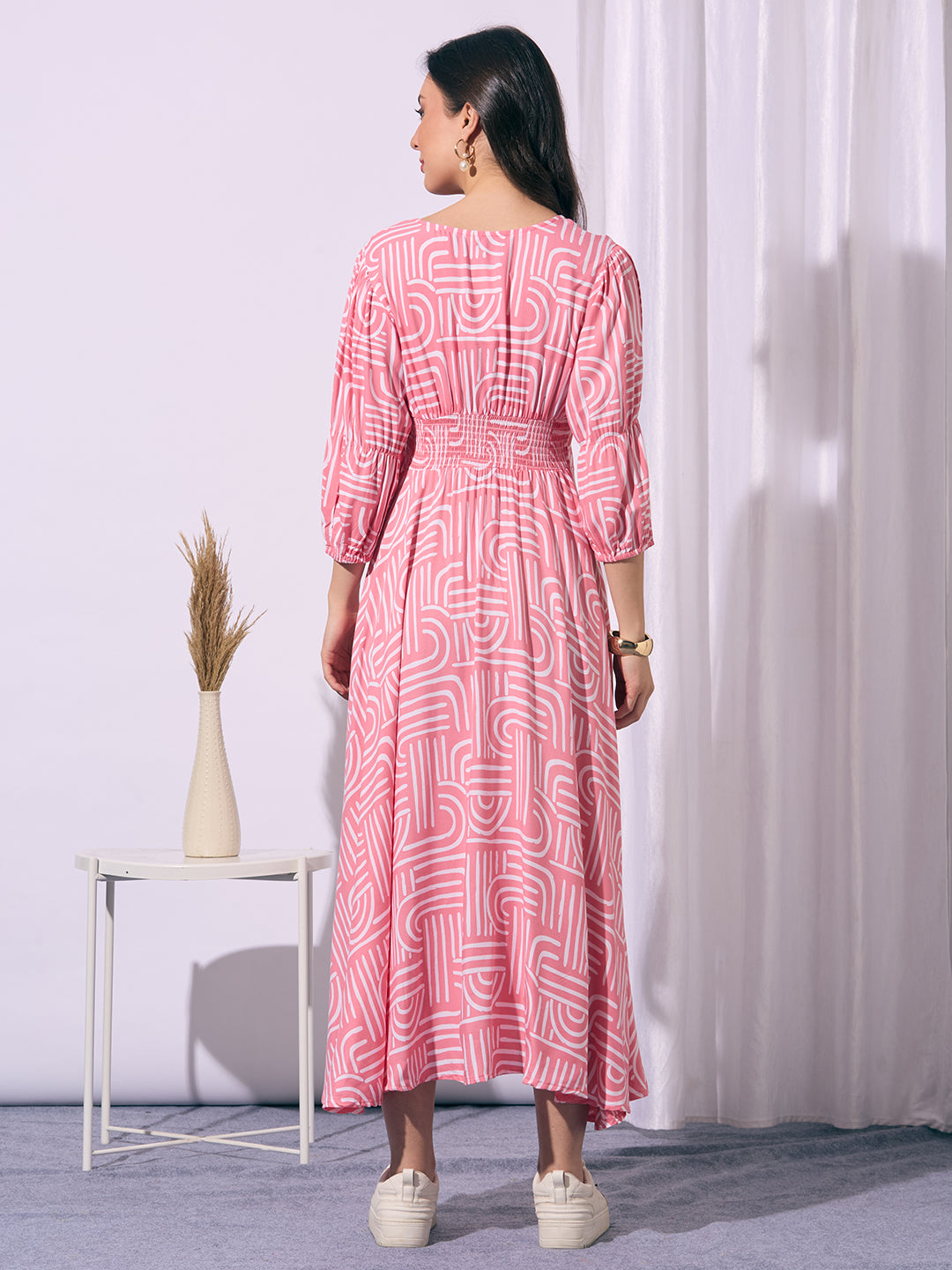 Abstract Printed A-Line Fit & Flared Maxi Dress - Pink