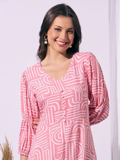Abstract Printed A-Line Fit & Flared Maxi Dress - Pink