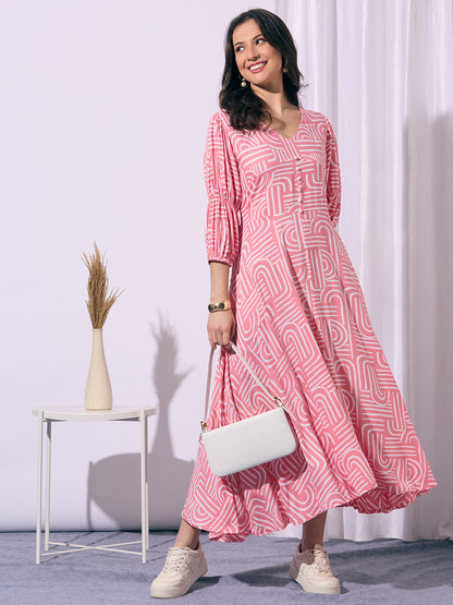 Abstract Printed A-Line Fit & Flared Maxi Dress - Pink