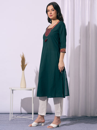 Solid Ethnic Printed A-Line Flared Kurta - Green