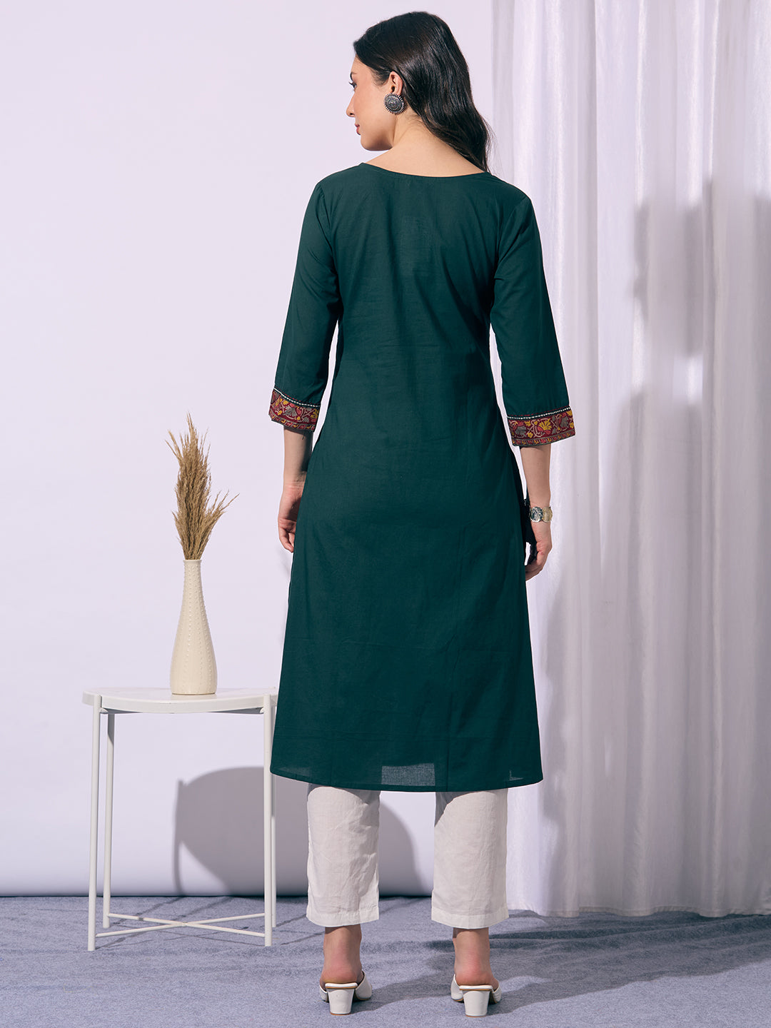 Solid Ethnic Printed A-Line Flared Kurta - Green