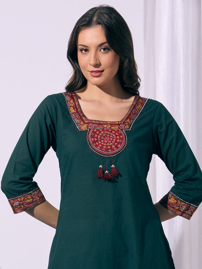 Solid Ethnic Printed A-Line Flared Kurta - Green