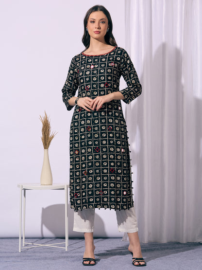 Ethnic Printed Straight Fit Kurta - Black