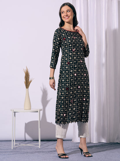 Ethnic Printed Straight Fit Kurta - Black