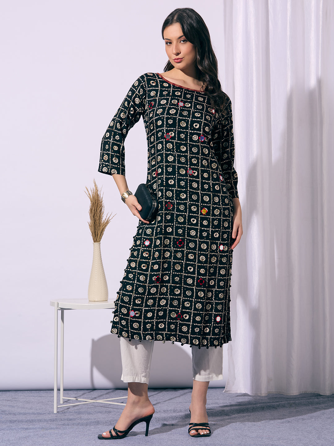 Ethnic Printed Straight Fit Kurta - Black