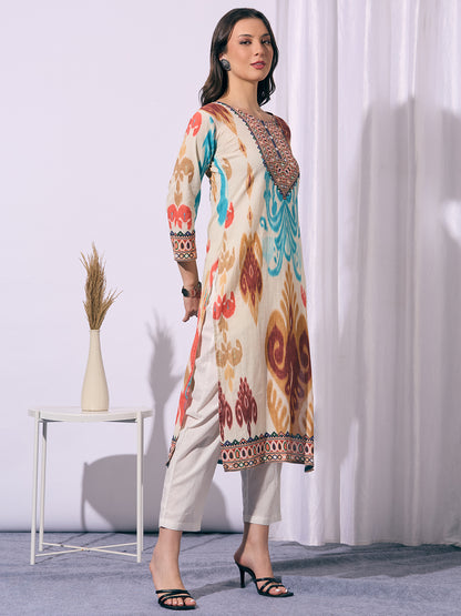 Ethnic Ikat Printed Straight Fit Kurta - Multi