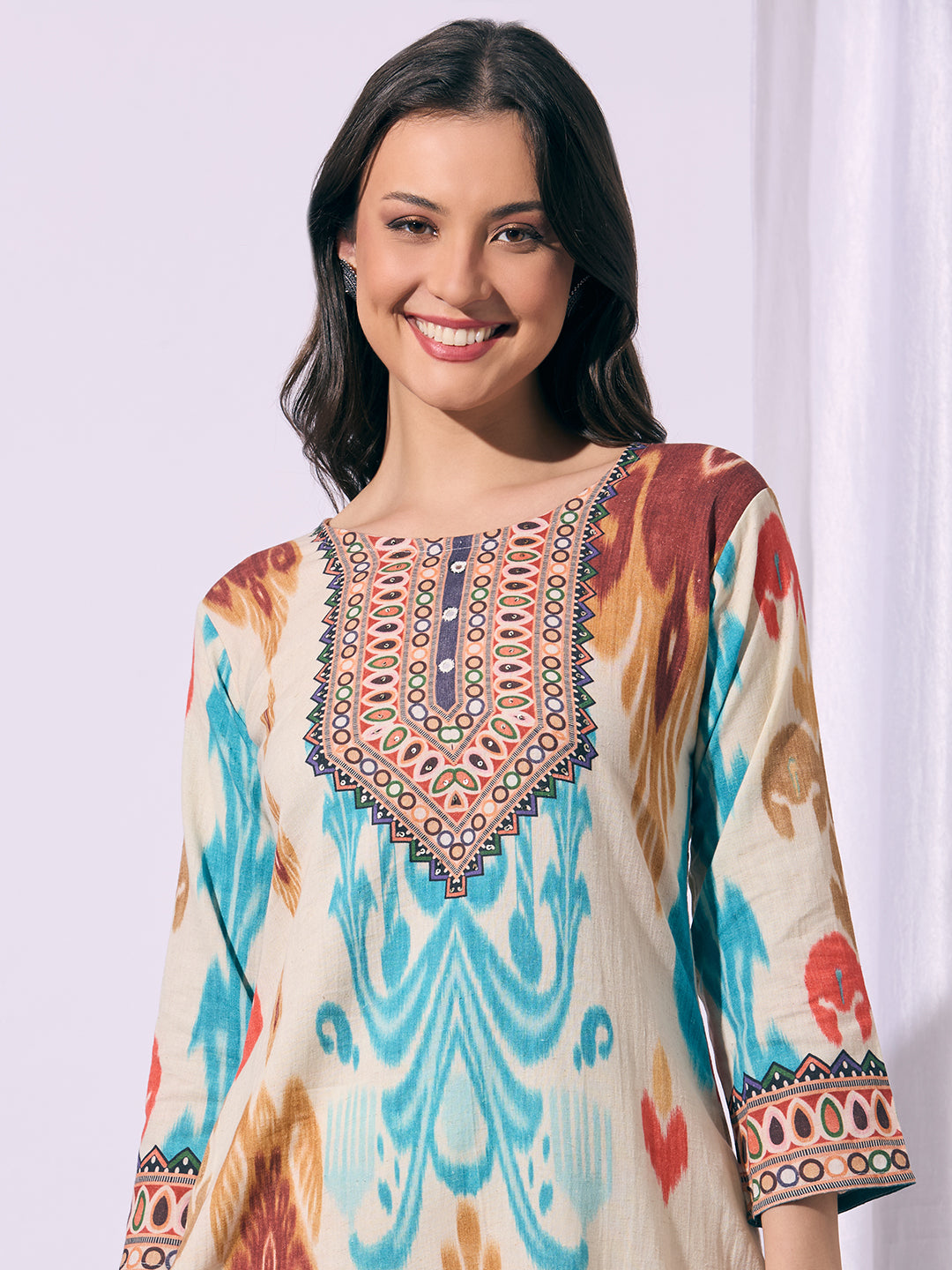 Ethnic Ikat Printed Straight Fit Kurta - Multi