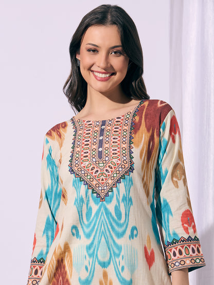 Ethnic Ikat Printed Straight Fit Kurta - Multi