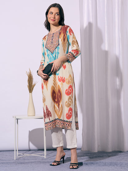 Ethnic Ikat Printed Straight Fit Kurta - Multi