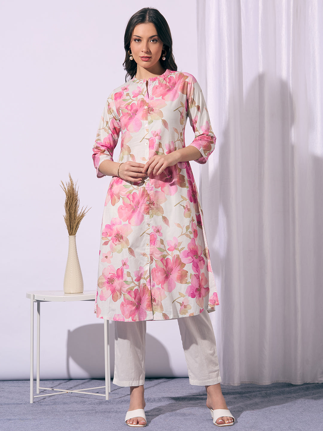 Abstract Floral Printed A-Line Flared Kurta - Pink
