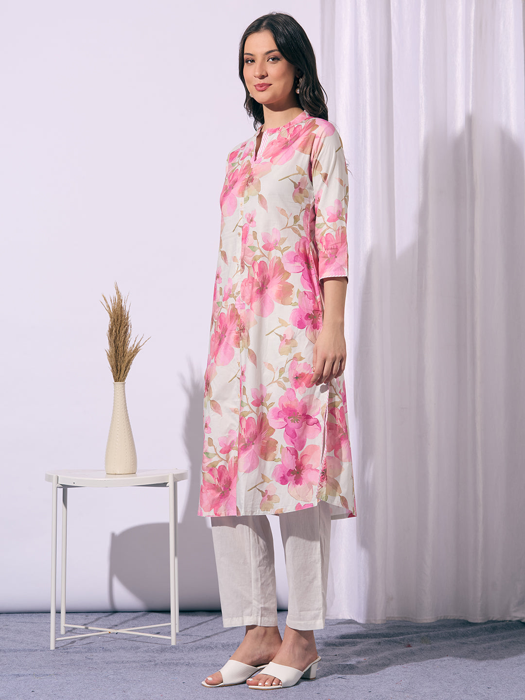 Abstract Floral Printed A-Line Flared Kurta - Pink