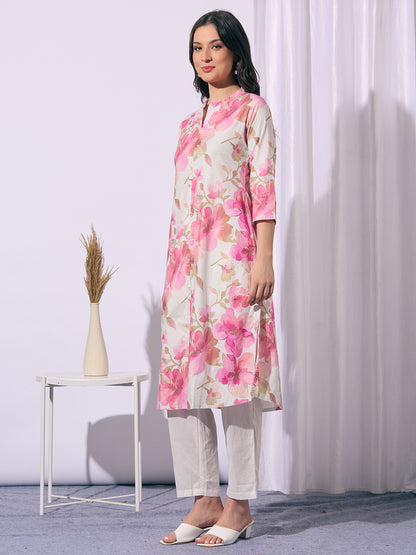 Abstract Floral Printed A-Line Flared Kurta - Pink