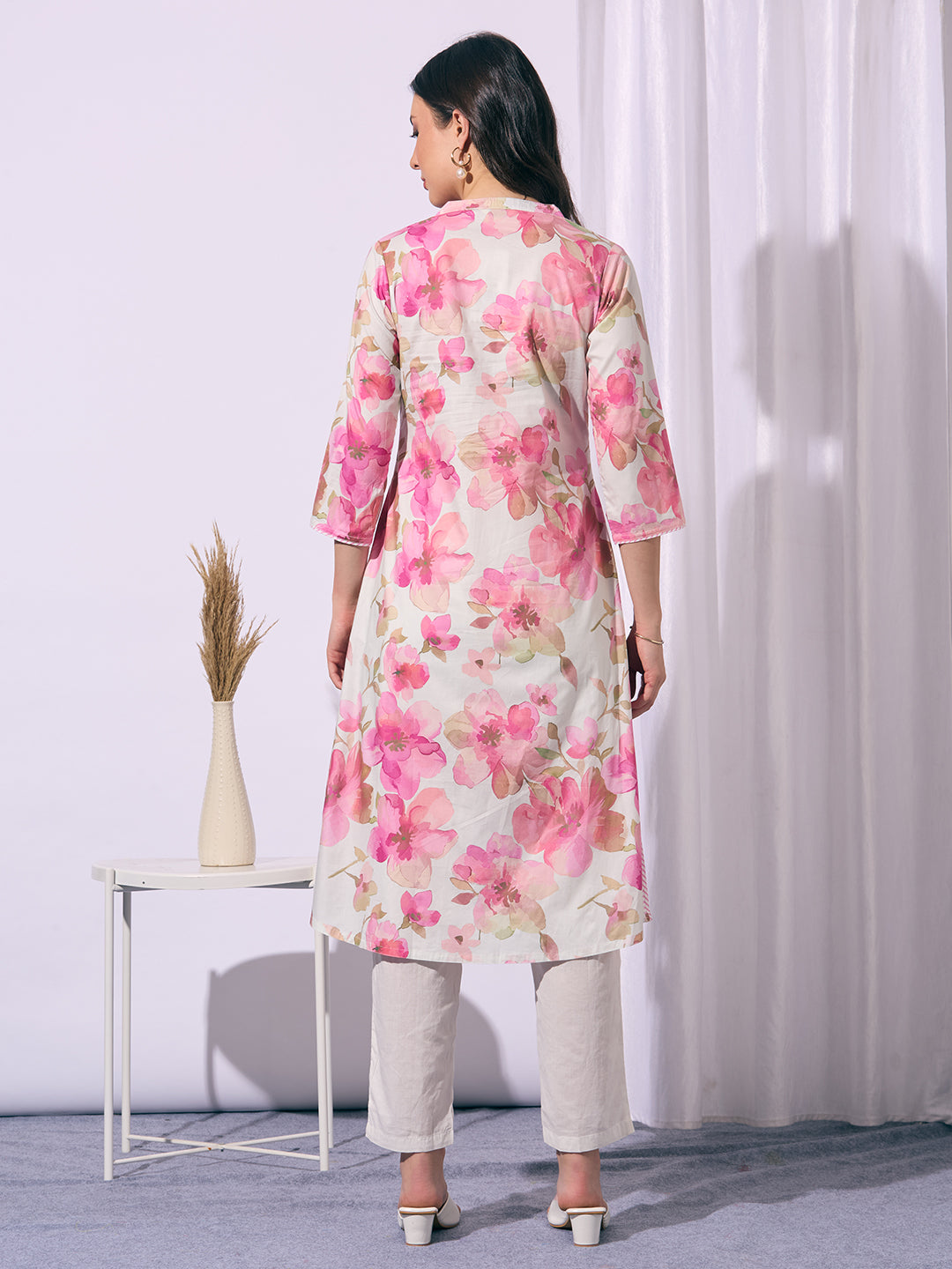 Abstract Floral Printed A-Line Flared Kurta - Pink