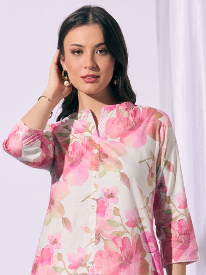 Abstract Floral Printed A-Line Flared Kurta - Pink