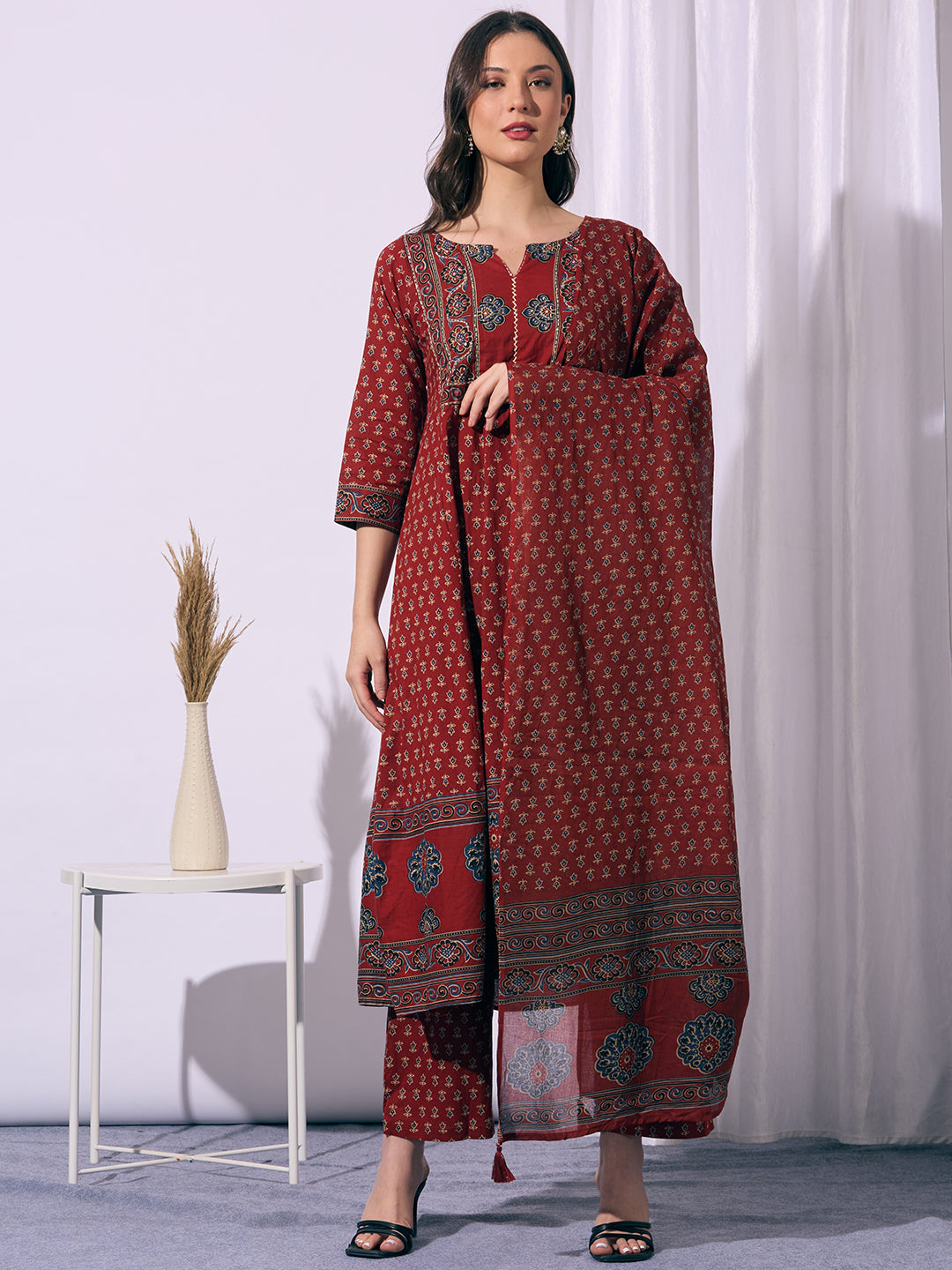 Ethnic Printed & Embroidered Anarkali Flared Kurta with Palazzo & Dupatta - Red