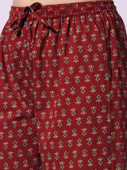 Ethnic Printed & Embroidered Anarkali Flared Kurta with Palazzo & Dupatta - Red