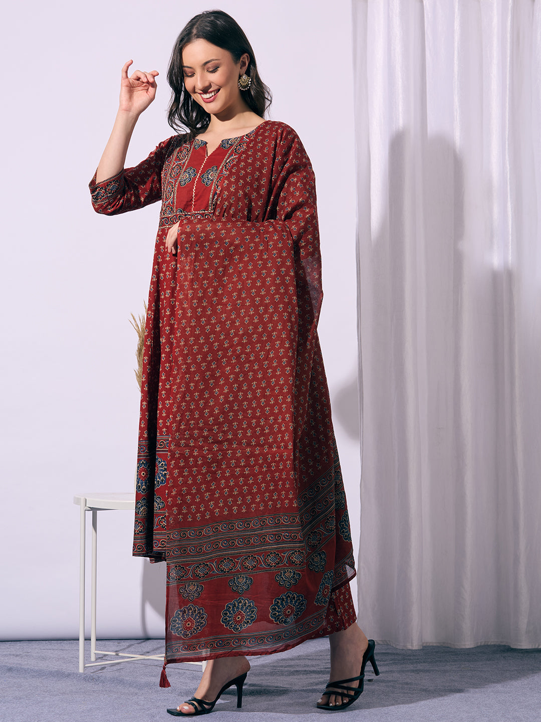 Ethnic Printed & Embroidered Anarkali Flared Kurta with Palazzo & Dupatta - Red