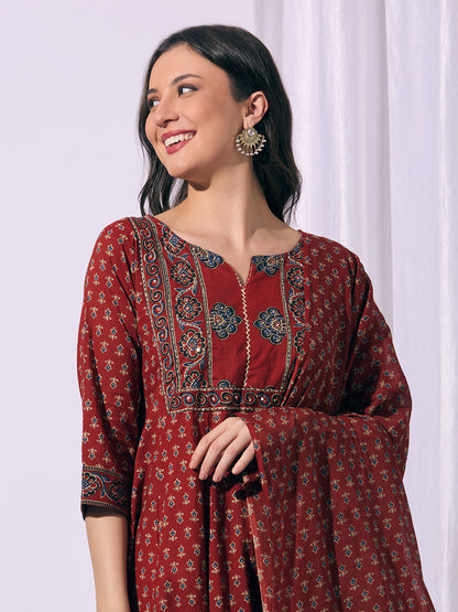 Ethnic Printed & Embroidered Anarkali Flared Kurta with Palazzo & Dupatta - Red
