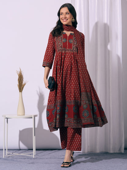 Ethnic Printed & Embroidered Anarkali Flared Kurta with Palazzo & Dupatta - Red