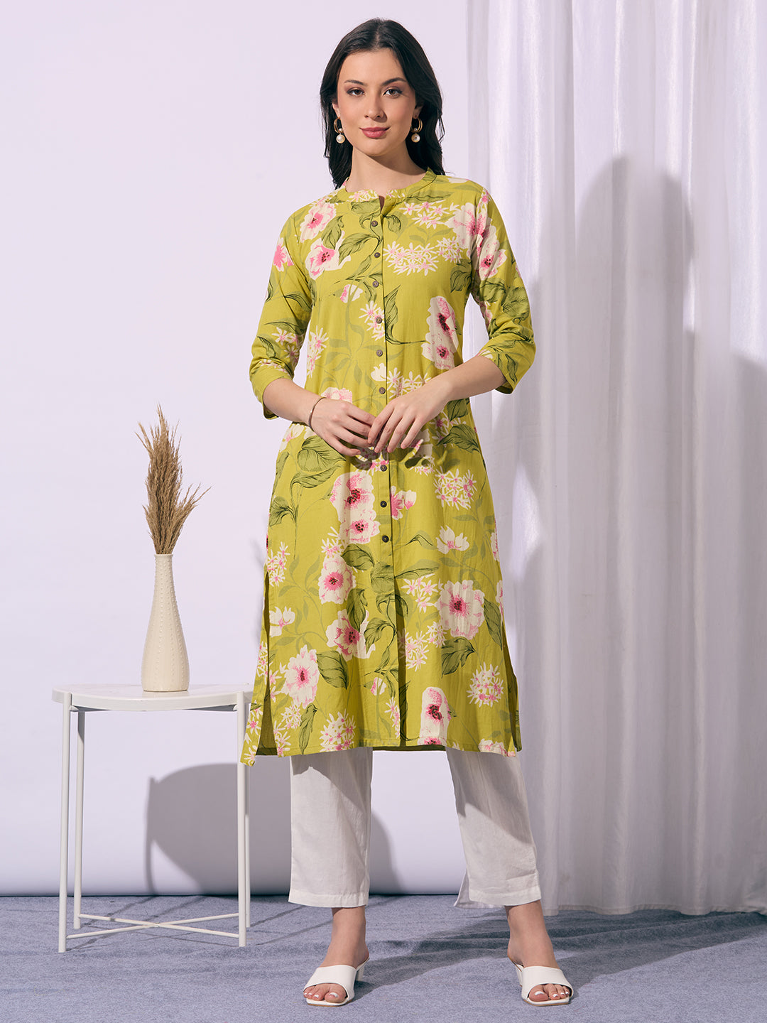Abstract Floral Printed A-Line Cotton Flax Kurta - Lime Green