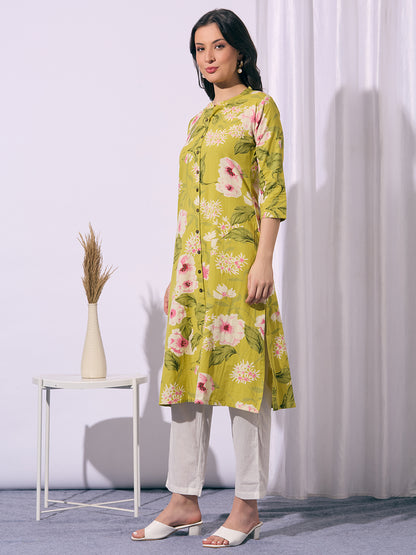 Abstract Floral Printed A-Line Cotton Flax Kurta - Lime Green