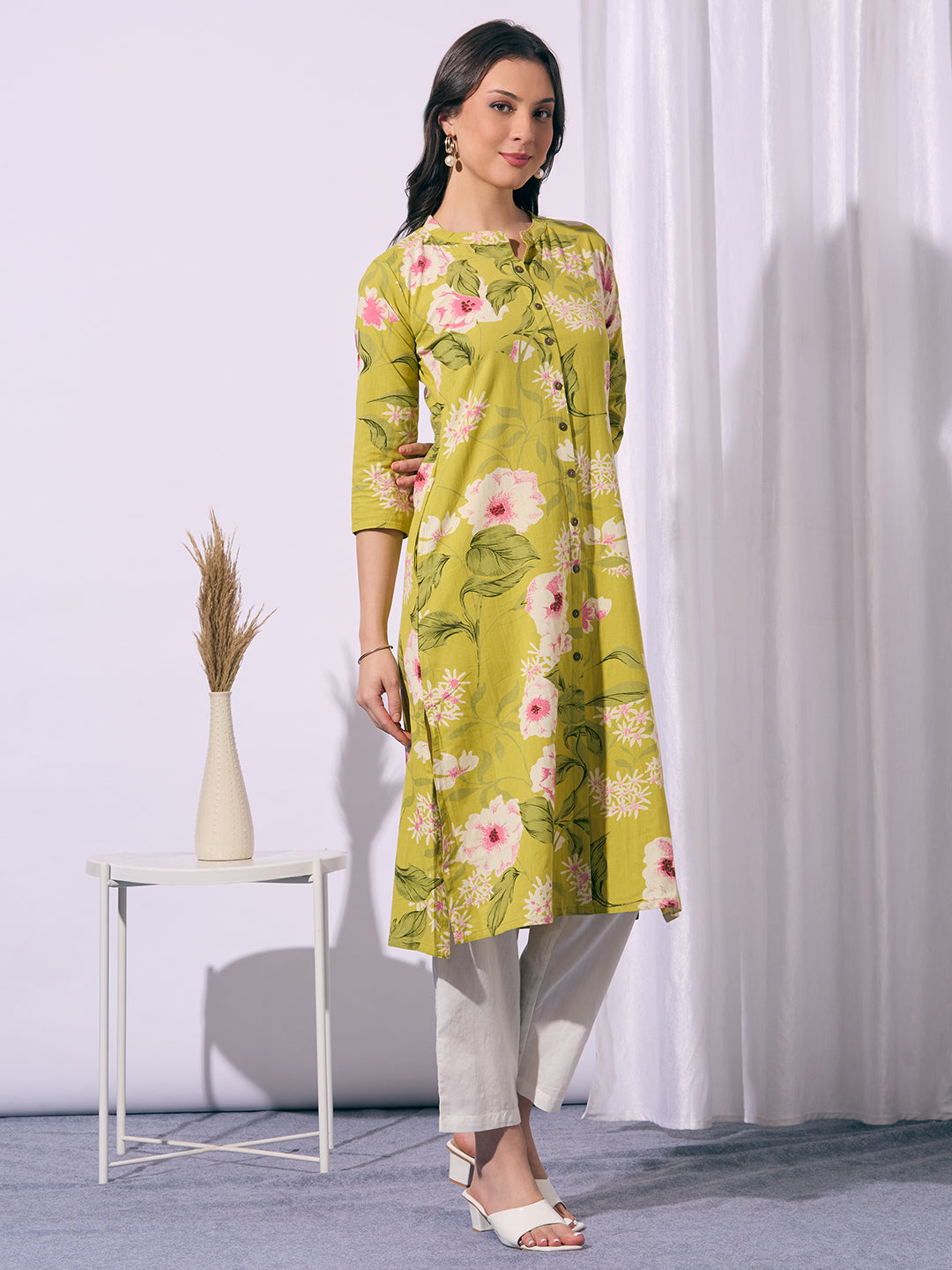 Abstract Floral Printed A-Line Cotton Flax Kurta - Lime Green