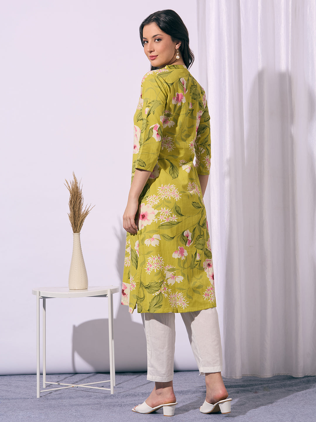 Abstract Floral Printed A-Line Cotton Flax Kurta - Lime Green
