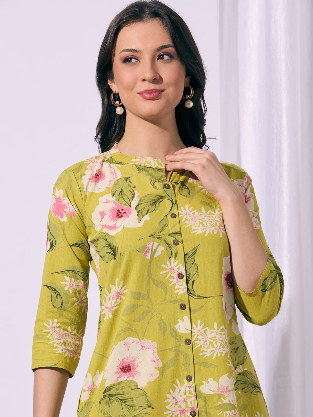 Abstract Floral Printed A-Line Cotton Flax Kurta - Lime Green