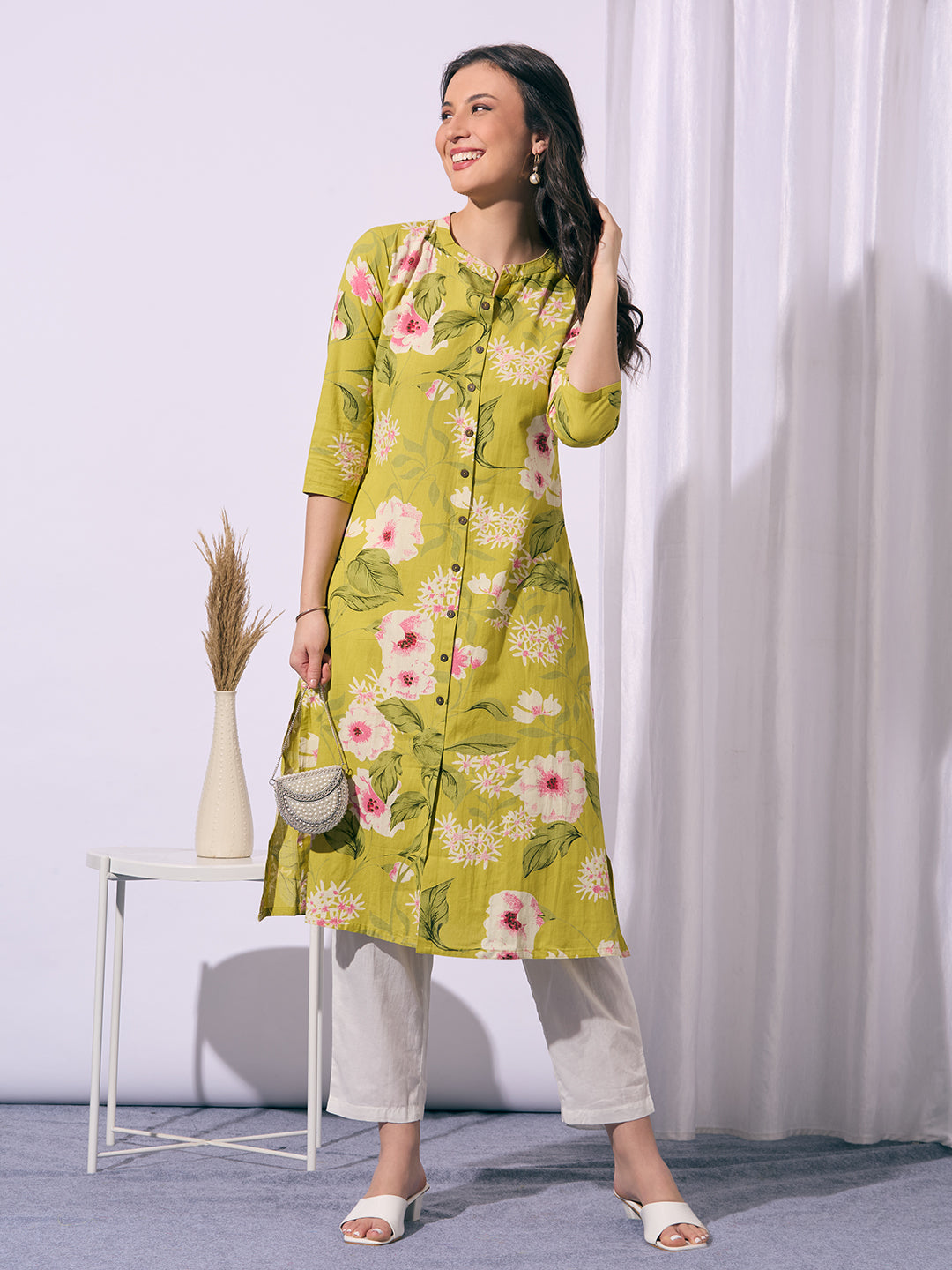 Abstract Floral Printed A-Line Cotton Flax Kurta - Lime Green