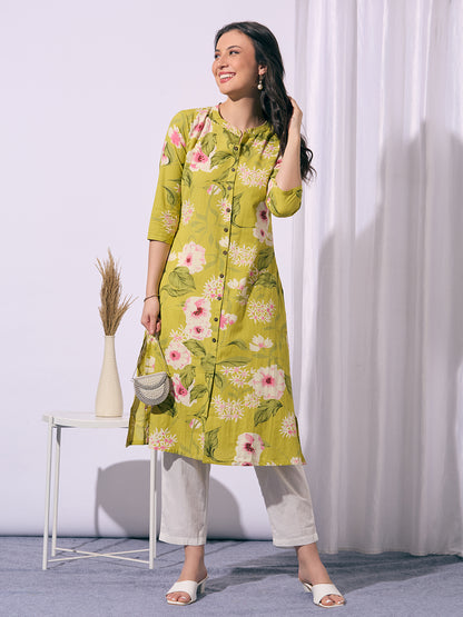 Abstract Floral Printed A-Line Cotton Flax Kurta - Lime Green