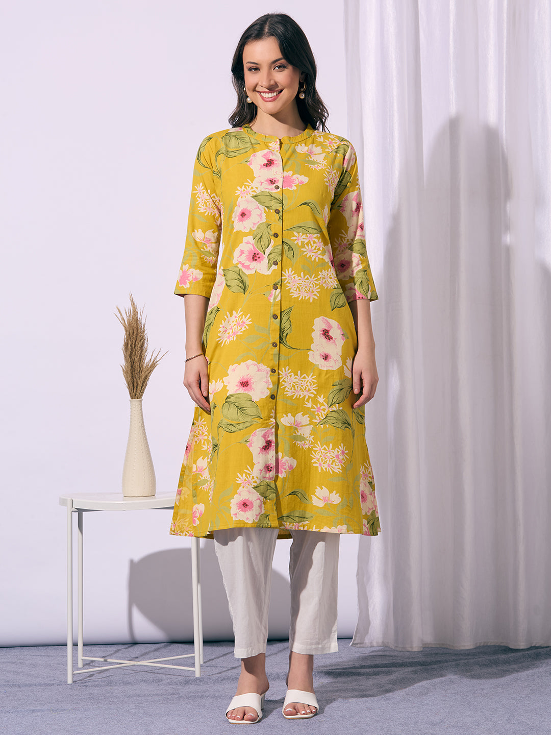 Abstract Floral Printed A-Line Cotton Flax Kurta - Yellow