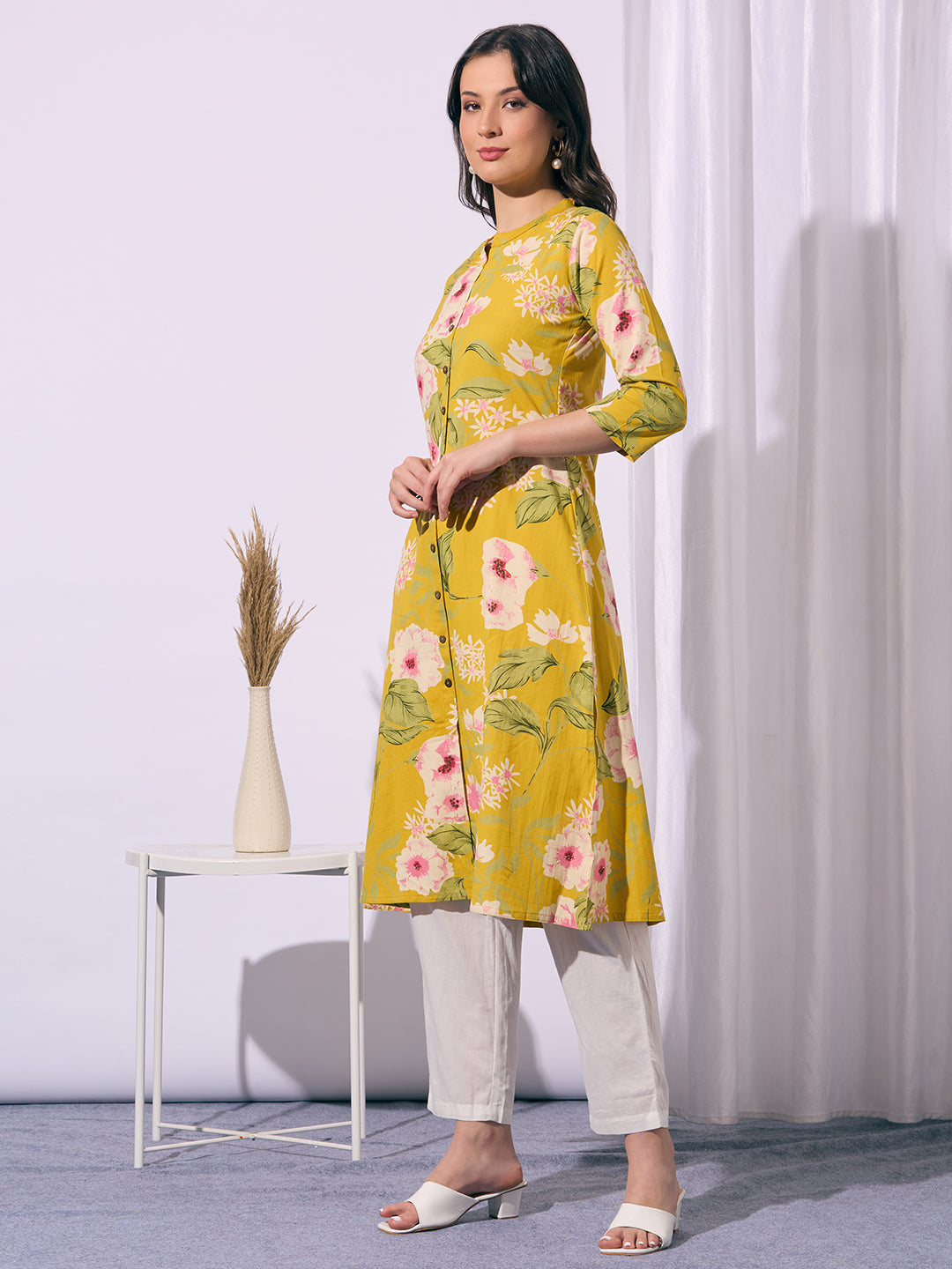 Abstract Floral Printed A-Line Cotton Flax Kurta - Yellow