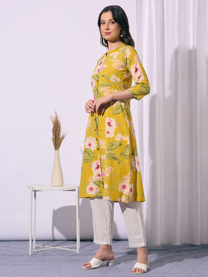 Abstract Floral Printed A-Line Cotton Flax Kurta - Yellow