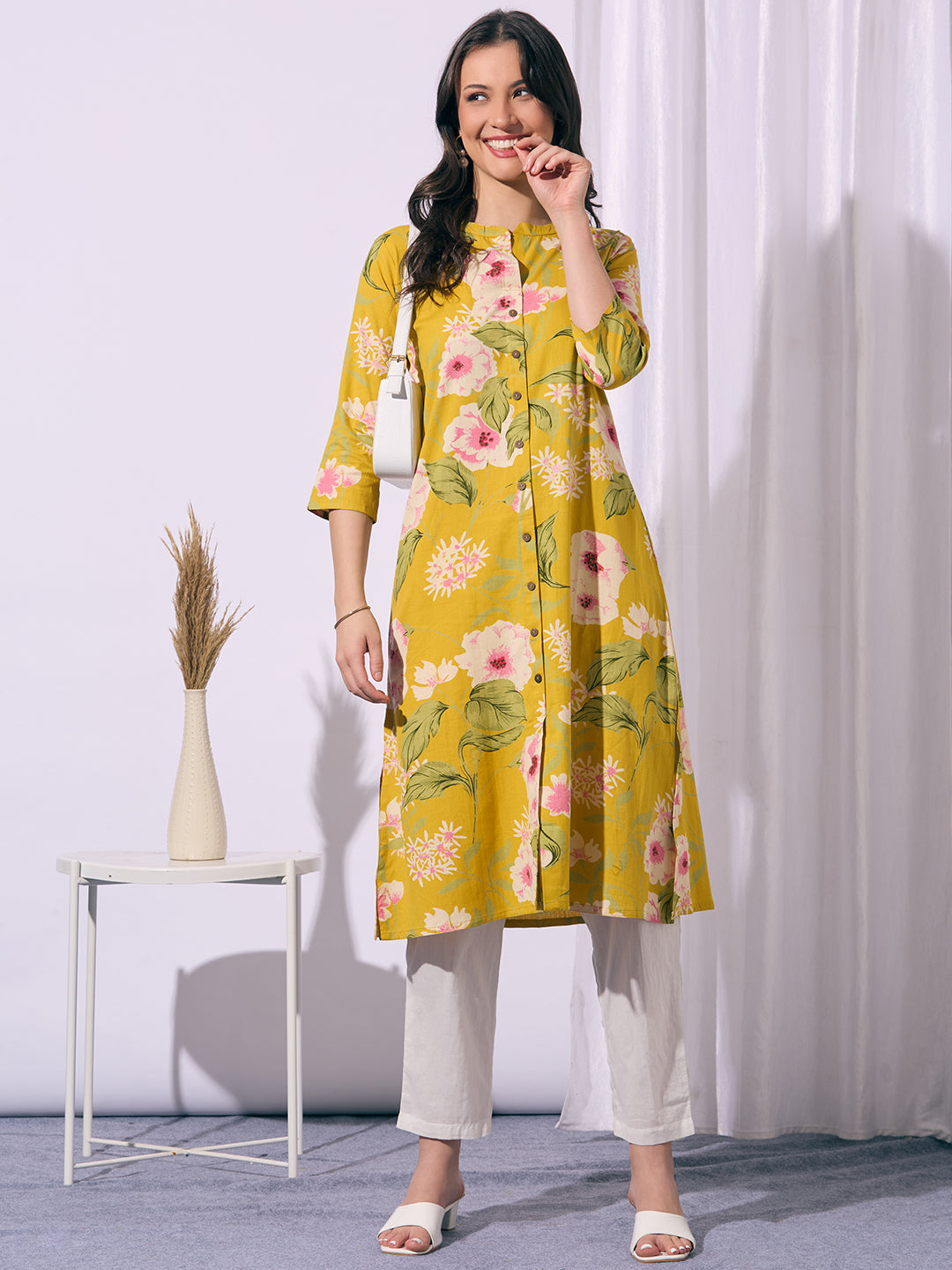 Abstract Floral Printed A-Line Cotton Flax Kurta - Yellow