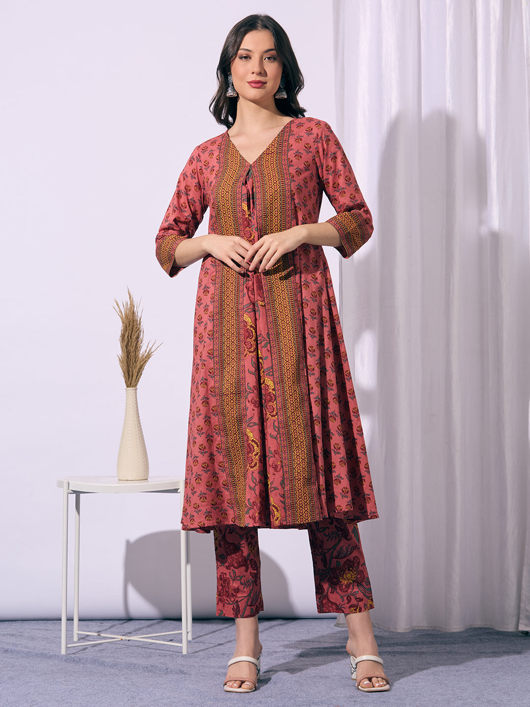Ethnic Floral Printed A-Line Flared Kurta with Pant - Peach