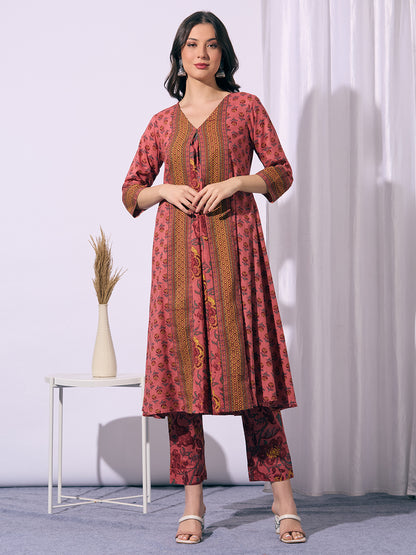 Ethnic Floral Printed A-Line Flared Kurta with Pant - Peach