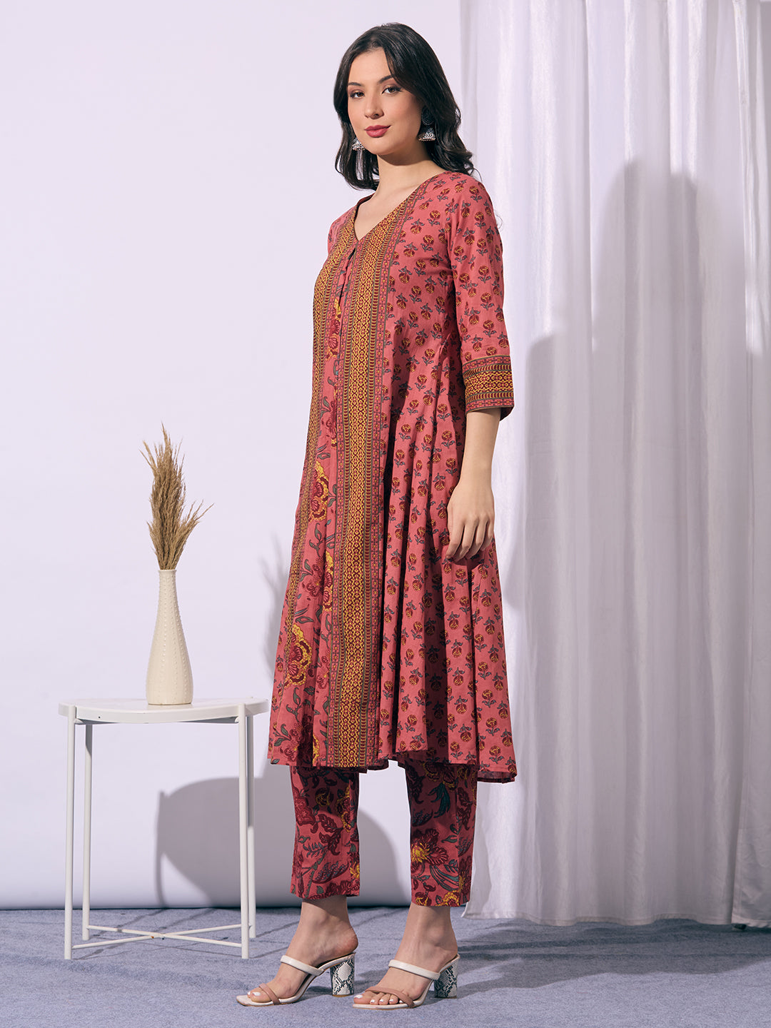 Ethnic Floral Printed A-Line Flared Kurta with Pant - Peach