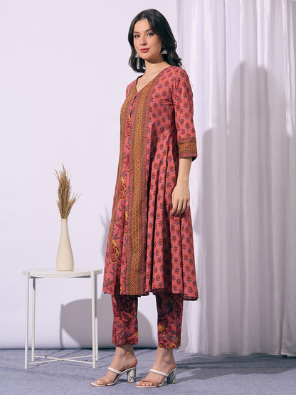 Ethnic Floral Printed A-Line Flared Kurta with Pant - Peach