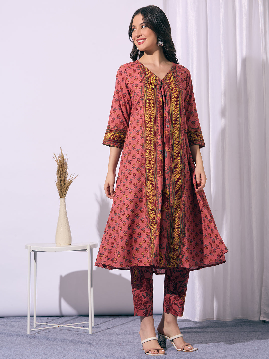 Ethnic Floral Printed A-Line Flared Kurta with Pant - Peach