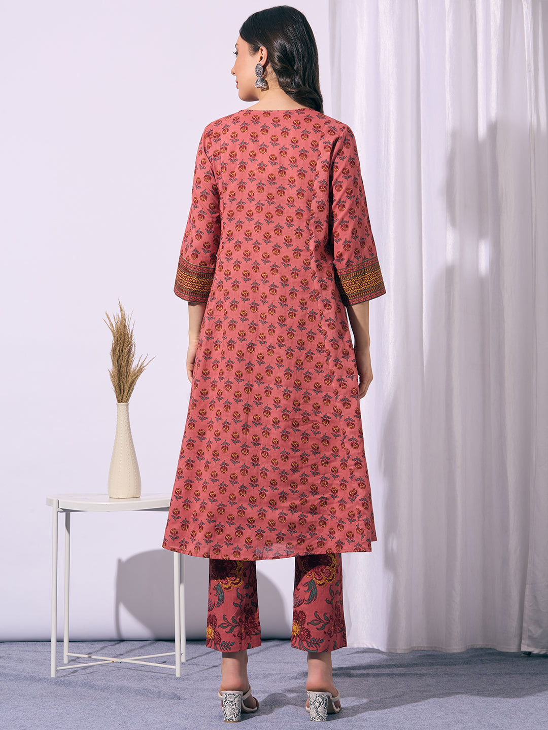 Ethnic Floral Printed A-Line Flared Kurta with Pant - Peach