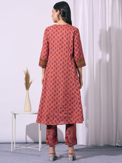 Ethnic Floral Printed A-Line Flared Kurta with Pant - Peach