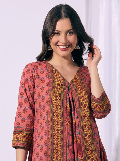 Ethnic Floral Printed A-Line Flared Kurta with Pant - Peach