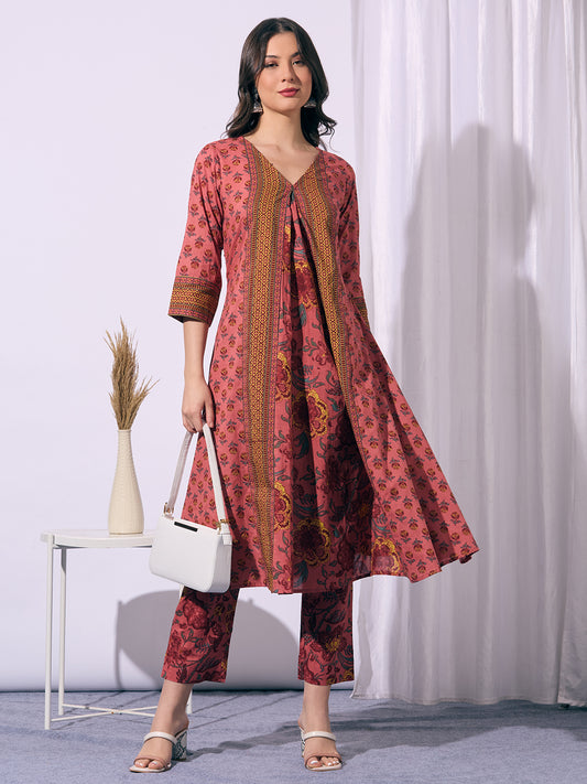 Ethnic Floral Printed A-Line Flared Kurta with Pant - Peach