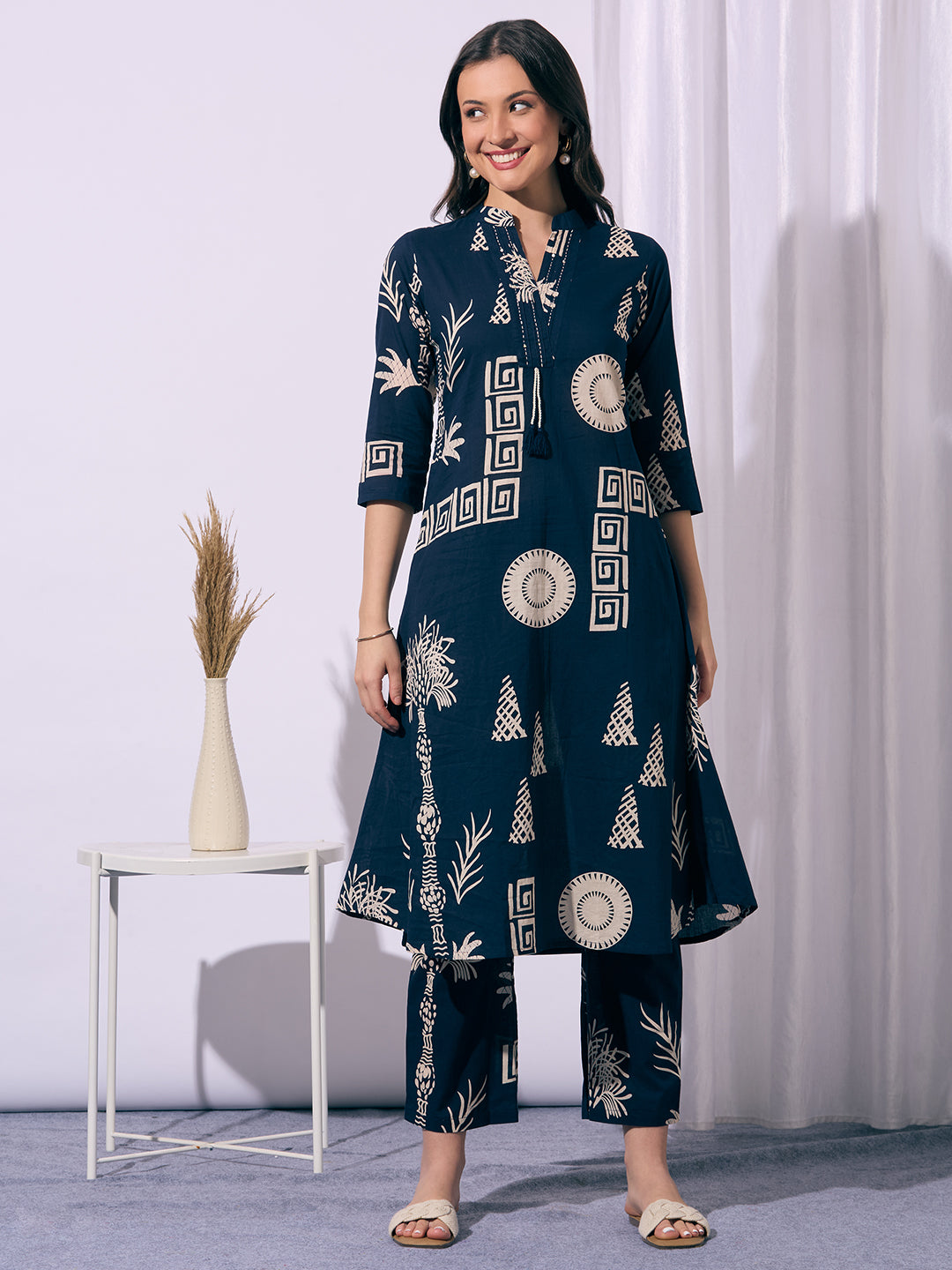 Ethnic Floral Printed A-Line Flared Kurta with Pant - Navy Blue
