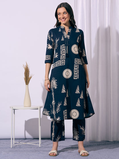 Ethnic Floral Printed A-Line Flared Kurta with Pant - Navy Blue