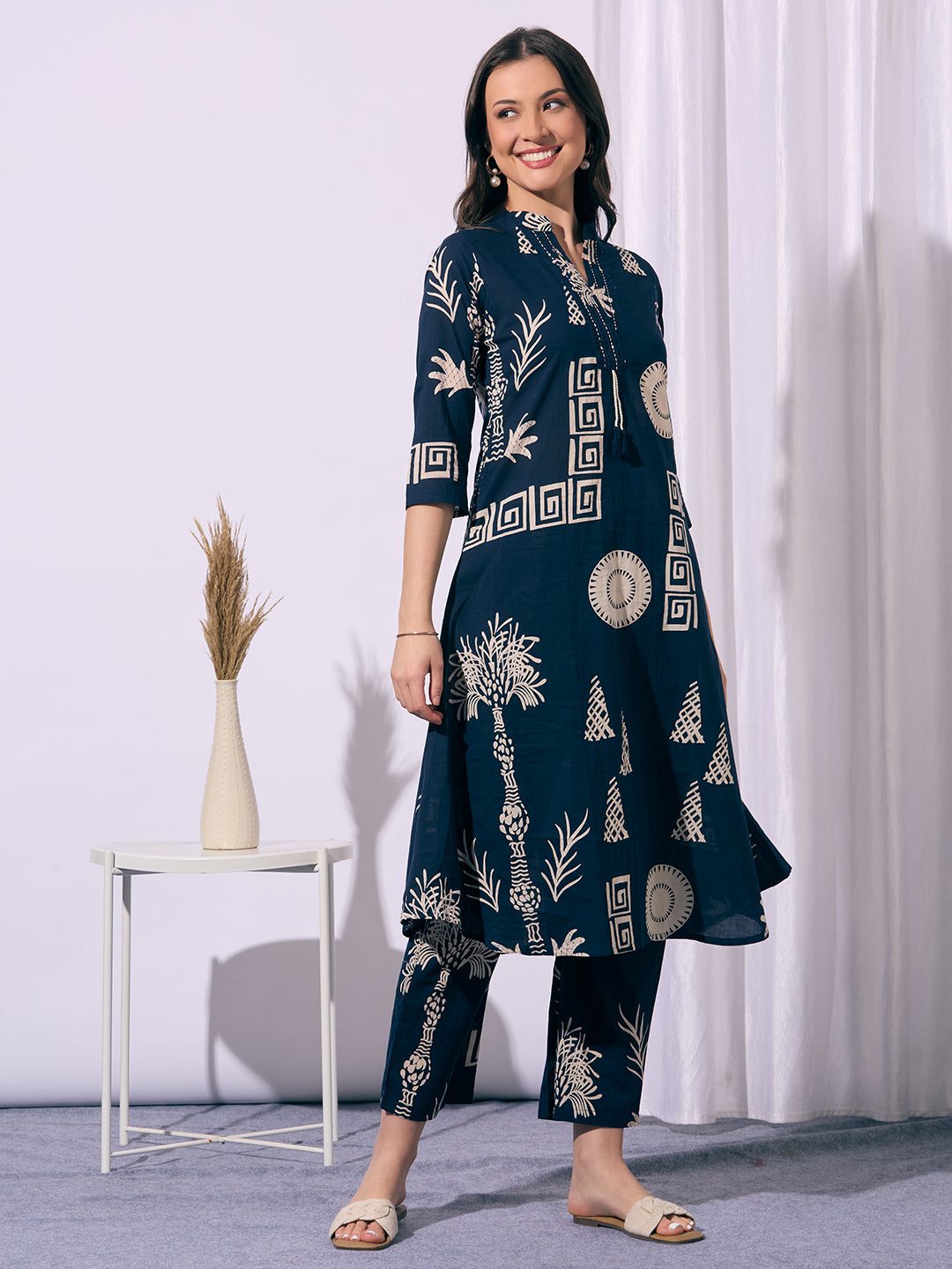 Ethnic Floral Printed A-Line Flared Kurta with Pant - Navy Blue