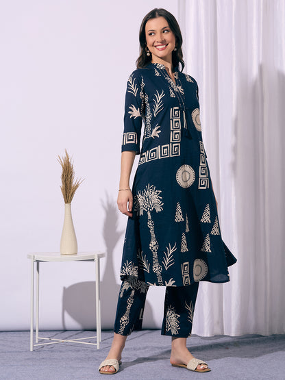 Ethnic Floral Printed A-Line Flared Kurta with Pant - Navy Blue